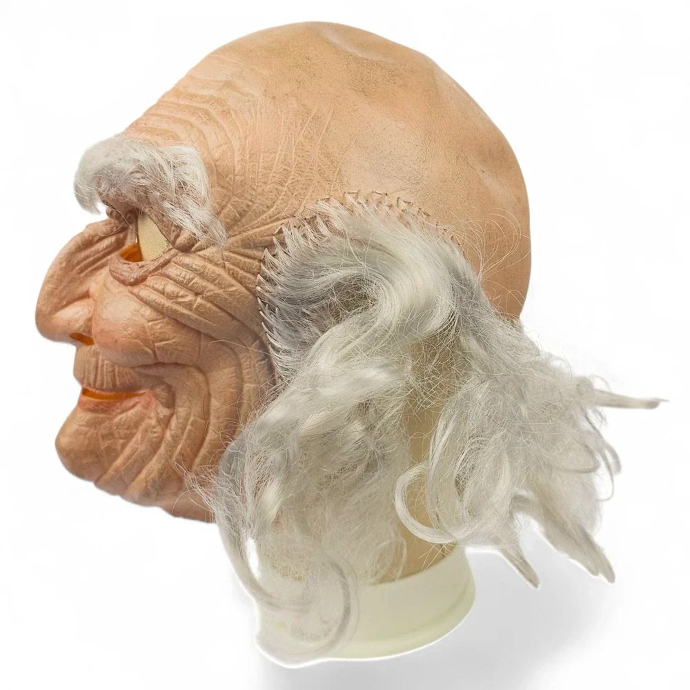 Vintage Old Man Latex Mask Grandfather Grey Hair Mesh Eyes Halloween Costume VTG
